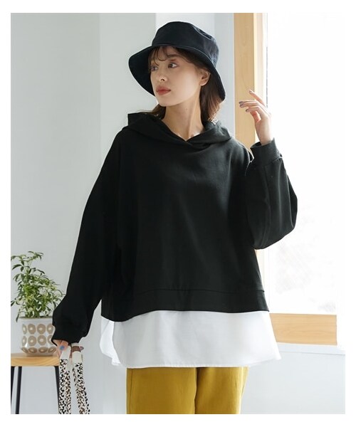 nissen（ニッセン）の「大きいサイズレイヤードビッグシルエットスウェットパーカー（パーカー・レディース・ミルクティー/ラテブラウン/杢グレー/黒/スモークピンク/スモークカーキ・L~LL相当/3L~4L相当/5L~6L相当/8L相当/10L相当）」の4枚目の写真