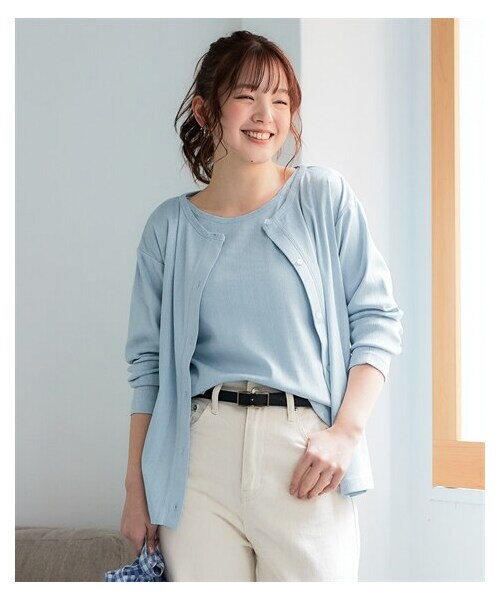 nissen（ニッセン）の「＜大きいサイズ＞パターンメッシュアンサンブル(カーディガン＋５分袖Tシャツ)（Tシャツ/カットソー・レディース・ピンク(小花)/オフホワイト(小花)/黒/ブルー・L/LL/3L/4L/5L/6L/8L/10L）」の5枚目の写真