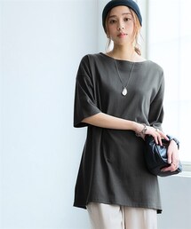 nissen | 綿１００％バスクオーバーサイズ５分袖チュニック（UVカット）＜大きいサイズ有＞(Tシャツ/カットソー)
