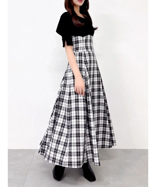 dazzlin（ダズリン）の「ビッグカラーチェックコルセットワンピース（ワンピース・レディース・オフホワイト/ブラック/ネイビー・S/M）」の7枚目の写真