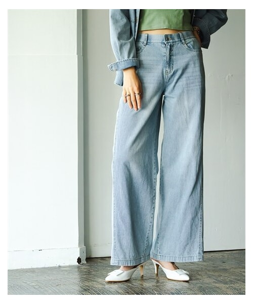 nissen（ニッセン）の「【i Deni】6.7ozデニムバギーパンツ（はっ水）（セットアップ可能）＜大きいサイズ有＞（スウェットパンツ・レディース・ワンウオッシュネイビー/ウオッシュドブルー/ブリーチサックス/オフホワイト・S/M/L/LL/3L/4L/5L/6L/8L/10L）」の4枚目の写真