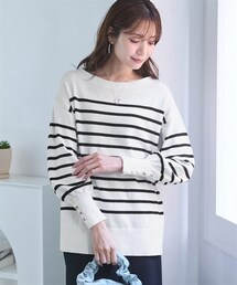 nissen | ＜大きいサイズ＞ゆるシルエット綿混ボーダーニットプルオーバー(ニット/セーター)