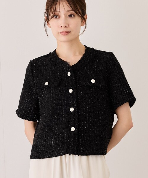 Jayro(ジャイロ)の「胸元フラップポケット付きツイードジャケット(ノーカラージャケット・レディース・ブラック/ホワイト/ピンク・M)」の4枚目の写真