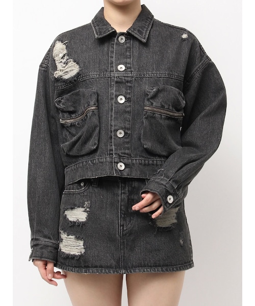 GYDA（ジェイダ）の「ZIP POCKETダメージショートデニムGジャン（デニムジャケット・レディース・ブラック/ピンク/アイスブルー・F）」の2枚目の写真