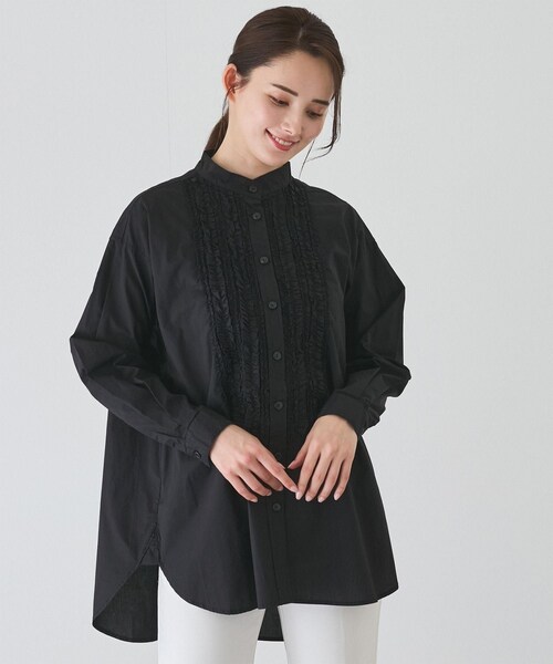 Jayro（ジャイロ）の「フリルピンタックチュニックブラウス（シャツ/ブラウス・レディース・ブラック/ホワイト系/ベージュ・M）」の7枚目の写真