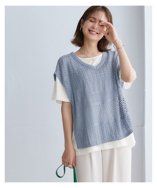 nissen（ニッセン）の「2点セット（透かし編みベスト＋Tシャツ）（ニット/セーター・レディース・黒/アイボリー/サックス/グリーン/パープル・S/M/L/LL/3L/4L/5L/6L）」の4枚目の写真