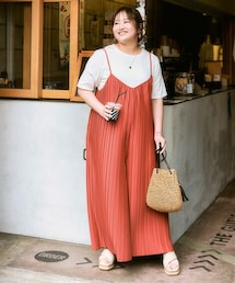 nissen | ＜大きいサイズ＞ 2点セット（プリーツサロペットパンツ+デザインTシャツ）(シャツ/ブラウス)