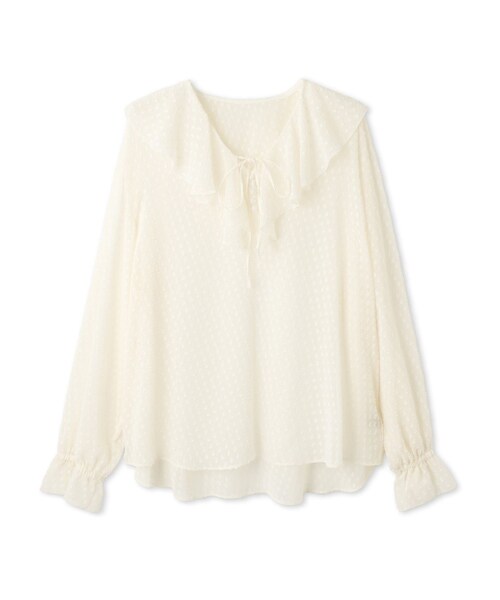 ROPE'(ロペ)の「【J'aDoRe・ルミネ別注】ラッフルフリルVネックブラウス(無地/プリント柄)(シャツ/ブラウス・レディース・ブラック/オフホワイト/ネイビー・F)」の5枚目の写真