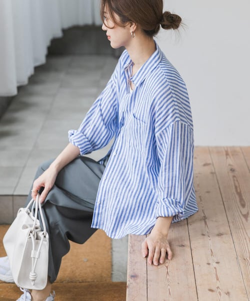 URBAN RESEARCH DOORS(アーバンリサーチドアーズ)の「リネンオーバーシャツ(シャツ/ブラウス・レディース・STRIPE/PINK/L.GRAY・Free)」の3枚目の写真