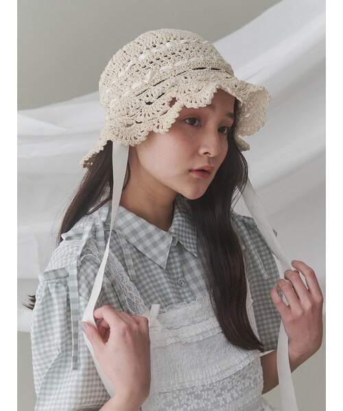 merry jenny（メリージェニー）の「透かし編みフリルハット（ハット・レディース・オフホワイト/アイボリー/ブラック/ピンク・F）」の7枚目の写真