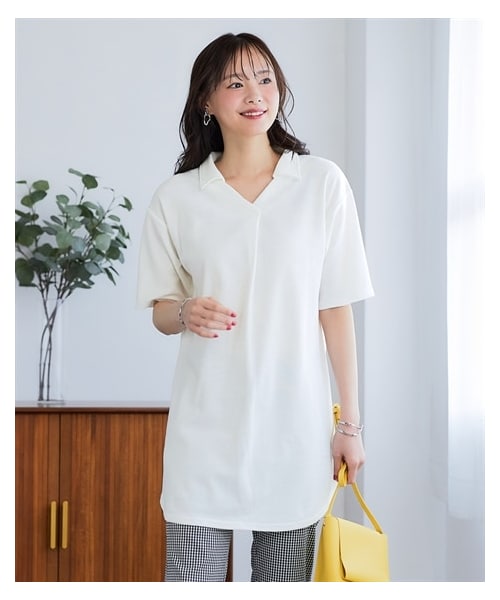 nissen（ニッセン）の「吸汗速乾・ＵＶカットカノコゆるシルエット５分袖ポロチュニック＜大きいサイズ有＞（チュニック・レディース・黒/オフホワイト/ネイビー/杢グレー/マホガニーブラウン/カージナルレッド/フォレストグリーン/ピンク/ブルー/セージグリーン/ターコイズグリーン/ラベンダー/アッシュカーキ・L/LL/3L/4L/5L/6L/8L/10L/S/M）」の9枚目の写真