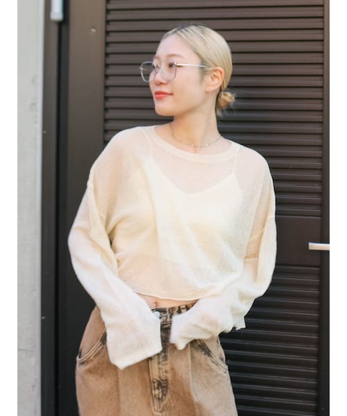 Ungrid（アングリッド）の「シアーショートニット（ニット/セーター・レディース・オフホワイト/オレンジ/イエロー/グリーン/パープル・F）」の3枚目の写真