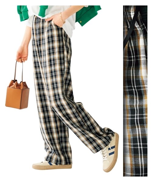 nissen（ニッセン）の「大きいサイズ 着映えするチェック柄セミワイドパンツ（ゆったりヒップ）（パンツ・レディース・ベージュ系チェック/黒系チェック/グリーン系チェック/オレンジ系チェック・L/LL/3L/4L/5L/6L/8L/10L）」の17枚目の写真