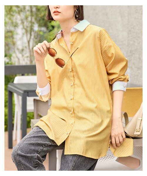 nissen（ニッセン）の「大きいサイズ パール調ボタン配色ゆるシルエットシャツ（シャツ/ブラウス・レディース・ネイビー/ラベンダー/イエローストライプ/オフホワイトストライプ・L~LL相当/3L~4L相当/5L~6L相当/8L相当/10L相当）」の7枚目の写真