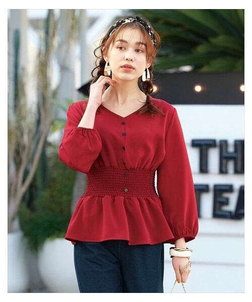 nissen（ニッセン）の「大きいサイズウエストシャーリングデザインブラウス（Tシャツ/カットソー・レディース・ダークチェリー/黒・L/LL/3L/4L/5L/6L/8L/10L）」の12枚目の写真