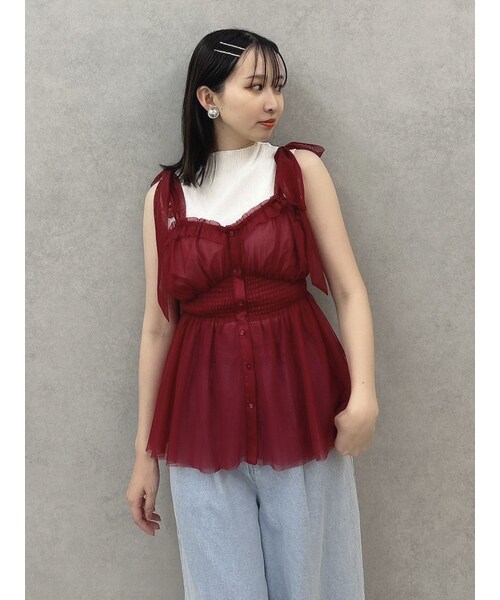 dazzlin（ダズリン）の「ショルダーリボンチュールペプラムビスチェ（キャミソール・レディース・アイボリー/グレー/レッド/グリーン/ネイビー・F）」の6枚目の写真