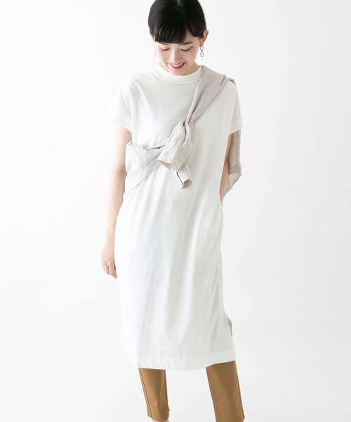 WORK NOT WORK　コットン/ナイロン クルーネックフレンチスリーブワンピース