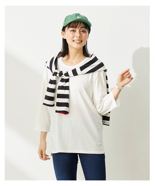 nissen（ニッセン）の「綿１００％汗染みしにくいクルーネック７分袖Ｔシャツ＜大きいサイズ有＞（Tシャツ/カットソー・レディース・黒/ネイビー/オフホワイト/グレイッシュモカ/モスカーキ/ロイヤルグリーン/スモークピンク/アプリコット/ライムイエロー/ダークグリーン/ラズベリー/グレイッシュパープル/ソフトピンク・L/LL/3L/4L/5L/6L/8L/10L/M/S）」の2枚目の写真
