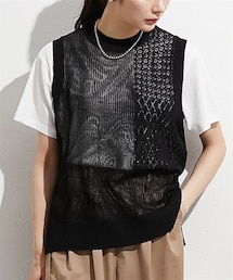 nissen | ２点セット（透かし編みベスト＋半袖Ｔシャツ）(アンサンブル)