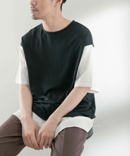 ITEMS URBANRESEARCH(アイテムズ アーバンリサーチ)の「布帛切替レイヤードクルーネックトップス(Tシャツ/カットソー・メンズ・BLK/BEG/MTD/GRY・M/L)」の9枚目の写真