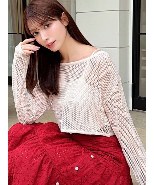 RESEXXY（リゼクシー）の「透かし編みクロップドニットトップス（ニット/セーター・レディース・アイボリー/ブラック/オレンジ・F）」の2枚目の写真