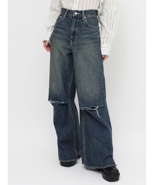 EVRIS（エヴリス）の「ニーダメージルーズデニムパンツ（デニムパンツ・レディース・ブラック/ブルー/インディゴ・S/M）」の3枚目の写真