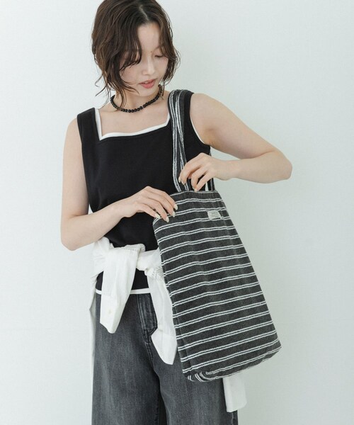 URBAN RESEARCH Sonny Label（アーバンリサーチサニーレーベル）の「パイルボーダービッグトート（トートバッグ・レディース・チャコール/グリーン/ブルー・One）」の6枚目の写真