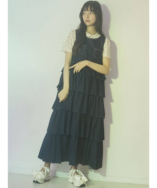 merry jenny（メリージェニー）の「デニムティアードジャンスカ（つなぎ/オールインワン・レディース・オフホワイト/ブルー/インディゴ・F）」の3枚目の写真