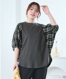 nissen | ＜大きいサイズ＞チェック柄切替ゆったりドルマンスリーブトップス(Tシャツ/カットソー)