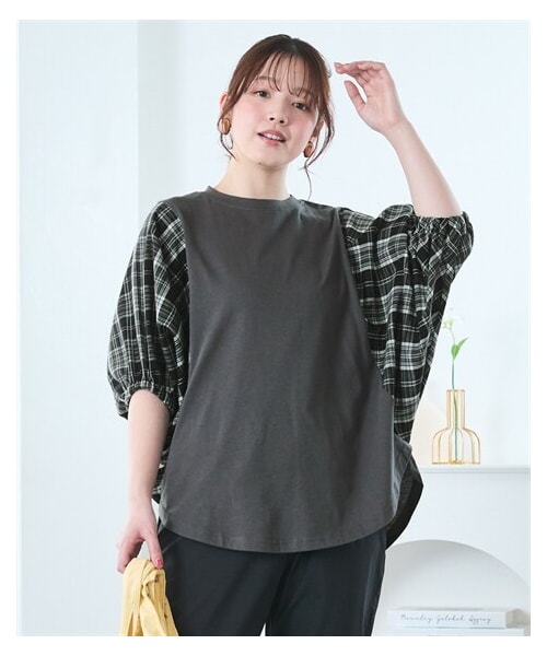 nissen（ニッセン）の「＜大きいサイズ＞チェック柄切替ゆったりドルマンスリーブトップス（Tシャツ/カットソー・レディース・チャコール/ネイビー/ベージュ・L/LL/3L/4L/5L/6L/8L/10L）」の5枚目の写真