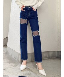 GYDA | FISHNET TIGHTSデザインストレートデニムパンツ(デニムパンツ)