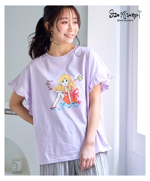 nissen（ニッセン）の「＜大きいサイズ＞【水森亜土】袖フリルプリントTシャツ（Tシャツ/カットソー・レディース・オフホワイト/パープル/黒・L/LL/3L/4L/5L/6L/8L/10L）」の18枚目の写真