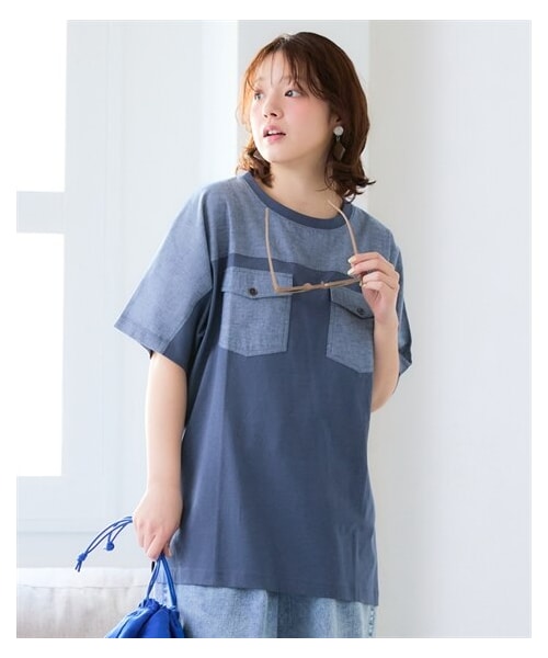 nissen（ニッセン）の「＜大きいサイズ＞綿混ダブルポケット異素材切替カットソートップス（Tシャツ/カットソー・レディース・黒/チャコール/ブルー・L/LL/3L/4L/5L/6L/8L/10L）」の19枚目の写真