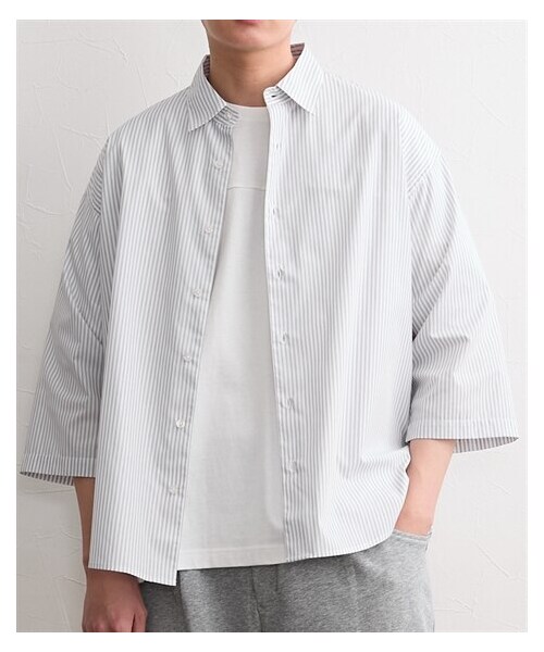 nissen（ニッセン）の「形態安定オーバーサイズ七分袖レギュラーカラーストライプシャツ（シャツ/ブラウス・メンズ・ブルー系/グレージュ系・M/L/LL/3L/4L/5L/6L/8L/10L）」の3枚目の写真