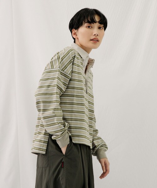 EKAL（エカル）の「ネイチャーボーダープルオーバー（Tシャツ/カットソー・レディース・MILK WHITE/MOSS KHAKI・one）」の14枚目の写真
