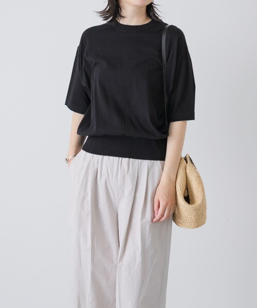 かぐれ（カグレ）の「ハイゲージコットン半袖クルーネックニット（ニット/セーター・レディース・BLACK/MINT GRAY/NAVY・Free）」の5枚目の写真