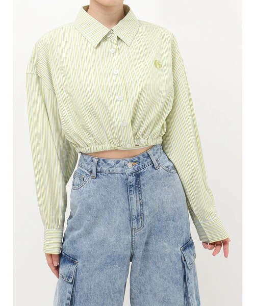 EVRIS（エヴリス）の「リボンデザインショートストライプシャツ（シャツ/ブラウス・レディース・イエロー/グリーン/ホワイト/ピンク・F）」の4枚目の写真