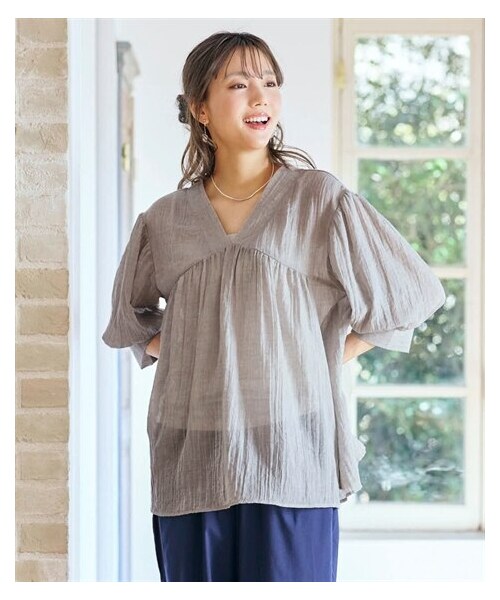 nissen（ニッセン）の「＜大きいサイズ＞シングルガーゼ７分袖チュニックブラウス（シャツ/ブラウス・レディース・グレージュ/パープルブルー/グリーン/ピンク/オレンジ/カーキ・L/LL/3L/4L/5L/6L/8L/10L）」の10枚目の写真