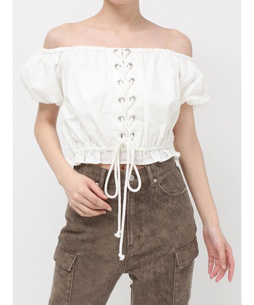 EVRIS（エヴリス）の「レースアップオフショルトップス（シャツ/ブラウス・レディース・ホワイト/マスタード・F）」の6枚目の写真