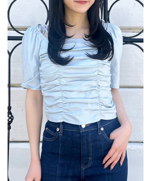 dazzlin（ダズリン）の「ギャザードロストリボントップス（Tシャツ/カットソー・レディース・オフホワイト/イエロー/ブルー・F）」の3枚目の写真