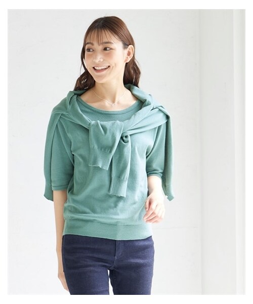 nissen（ニッセン）の「大きいサイズ ［優しい肌触りのド定番シリーズ］５分袖ニット（アンサンブル可）（ニット/セーター・レディース・シーグリーン/フューシャピンク/モカ/黒/ダークグリーン・L/LL/3L/4L/5L/6L/8L/10L）」の19枚目の写真