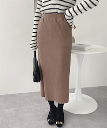 nissen | 【洗える】セルフカット リブIラインスカート 着痩せ 細見え 華奢見え きれいめ 上品 大人カジュアル こなれ感 ストレッチ 楽ちん ウエストゴム 秋 綿混(スカート)