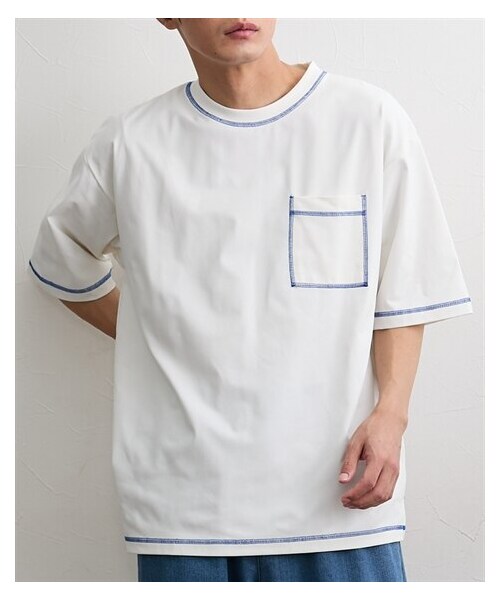 nissen（ニッセン）の「配色ステッチオーバーサイズTシャツ（Tシャツ/カットソー・メンズ・02オフホワイト/06ブラック・M/L/LL）」の3枚目の写真