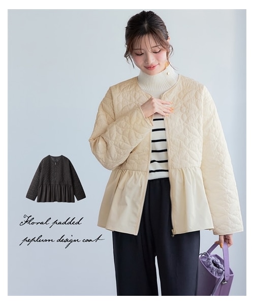 nissen（ニッセン）の「花柄キルティング中綿ペプラムデザインコート（ジャケット/アウター・レディース・黒/オフホワイト・S/M/L/LL）」の2枚目の写真