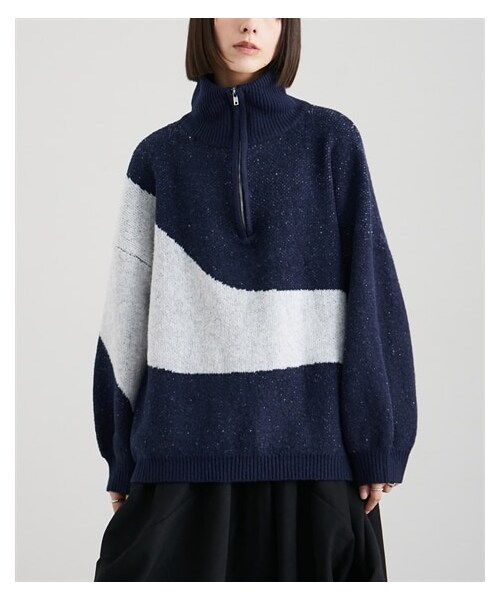 nissen（ニッセン）の「ハーフジップアップ配色ニュアンスデザインニットトップス ［Soiunique］（ニット/セーター・レディース・杢グレー×オレンジ/ネイビー×ライト杢グレー・1(M-L)/2(L-LL)）」の5枚目の写真