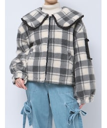 merry jenny | チェックフリルカラーボアジャケット(ブルゾン)