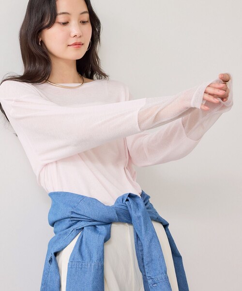 VIS（ビス）の「ラメメッシュスリーブ切り替えシアーロンT（Tシャツ/カットソー・レディース・ブラック/ライトグレー/ホワイト/ピンク・F）」の13枚目の写真