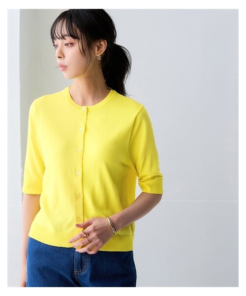 nissen（ニッセン）の「【アイスクリーンプレミアム】クルーネック5分袖ニットカーディガン（持続冷感・接触冷感・毛玉になりにくい・UVカット・洗濯機で洗える・遮熱）＜大きいサイズ有＞（カーディガン/ボレロ・レディース・黒/杢グレー/オフホワイト/スモーキーブルー(終売)/ライムグリーン/ダークグリーン/モカベージュ/ビビットブルー/レモンイエロー/キャメル・S/M/L/LL/3L/4L/5L/6L/8L/10L）」の9枚目の写真