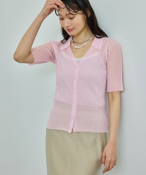 ROPE'（ロペ）の「【洗える】【WEB・一部店舗限定】シアーリブＶネックポロニット（ニット/セーター・レディース・ブラック/ベージュ/ターコイズ/ピンク・F）」の7枚目の写真