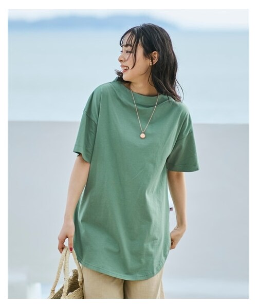 nissen（ニッセン）の「大きいサイズ ひんやりUSAコットン１００％ゆるシルエットモックネックチュニック（接触冷感・毛玉防止・UVカット）（チュニック・レディース・ソフトカーキ/オフホワイト系ボーダー/チャコールグレー/黒・L~LL相当/3L~4L相当/5L~6L相当/8L相当/10L相当）」の21枚目の写真